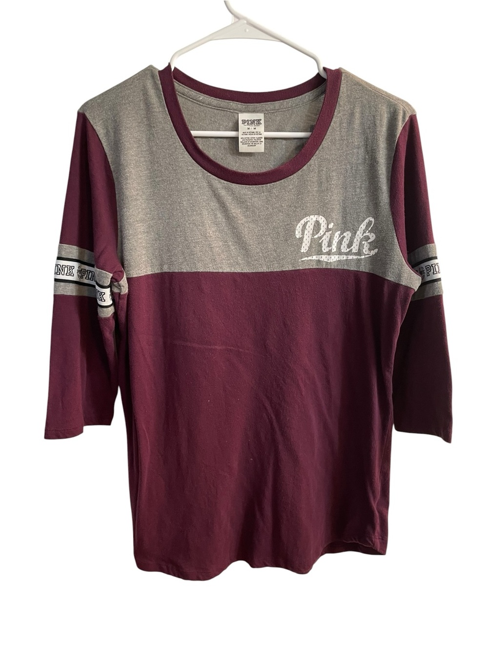 Victoria’s Secret PINK Burgundy Gray Campus Tee Medium Graphic Logo Shirt